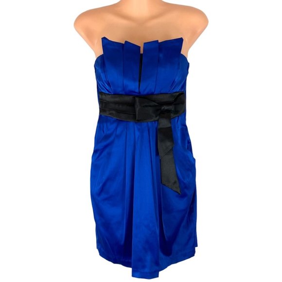 3/$30 Wishes Wishes Wishes Cobalt Satin Strapless Bow Detail Mini Dress Size 3 - Picture 1 of 13